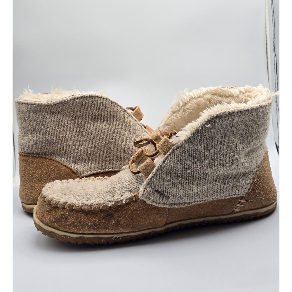 Minnetonka Women's Torrey 10 Tan Knit Suede Moccasin Ankle Boots Faux Fur Lined - Picture 4 of 12